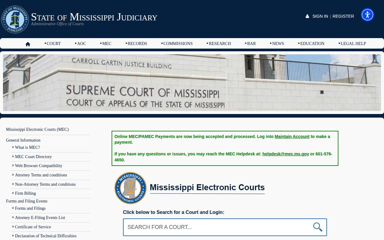 Mississippi Electronic Courts selector with Madison County court entries